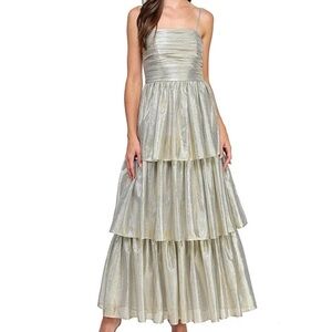 Layered With Love Metallic Silver Gold Tier Maxi Dress S NWT Prom Wedding Formal